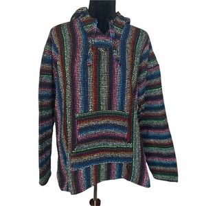 La Malinche Black/Rainbow Stripe Baja Poncho L